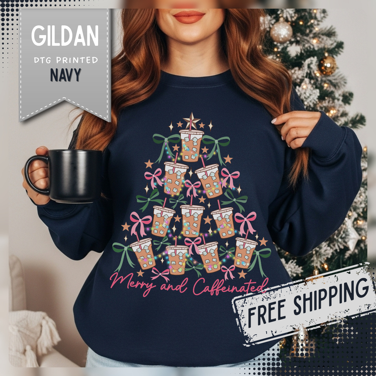 Merry and Caffeinated Iced Coffee Christmas Tree – Gildan Heavy Blend | Trendy Women’s Soft Sweatshirt. Direct to Garment. Printed & Shipped in the USA. Unisex Sizes.