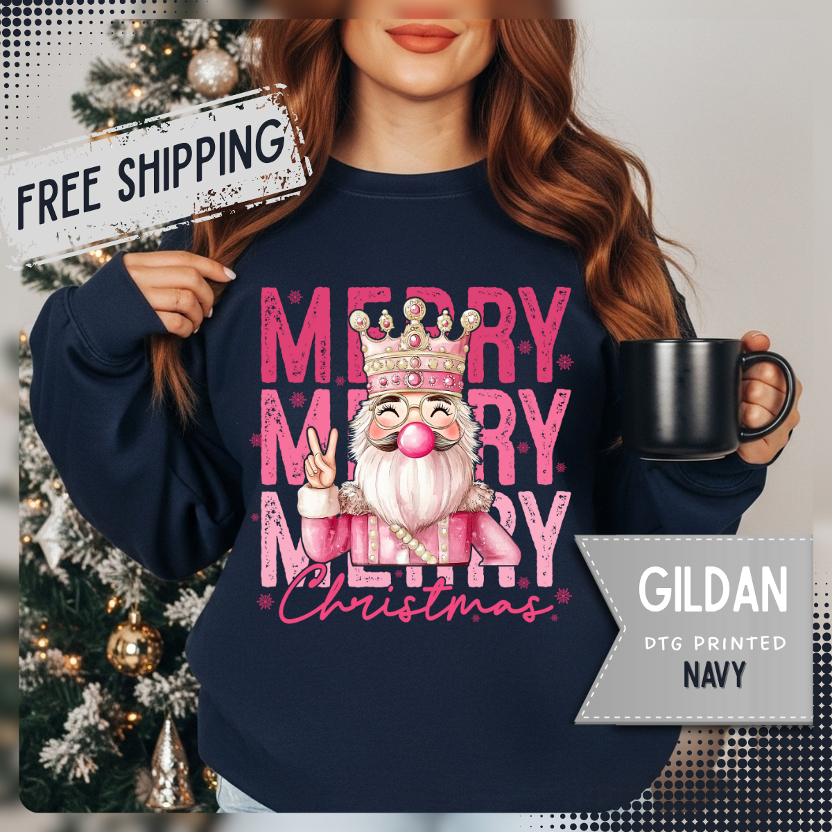 Merry Christmas - Cute Pink Bubblegum Nutcracker – Gildan Heavy Blend | Trendy Women’s Soft Sweatshirt. Direct to Garment. Printed & Shipped in the USA. Unisex Sizes.