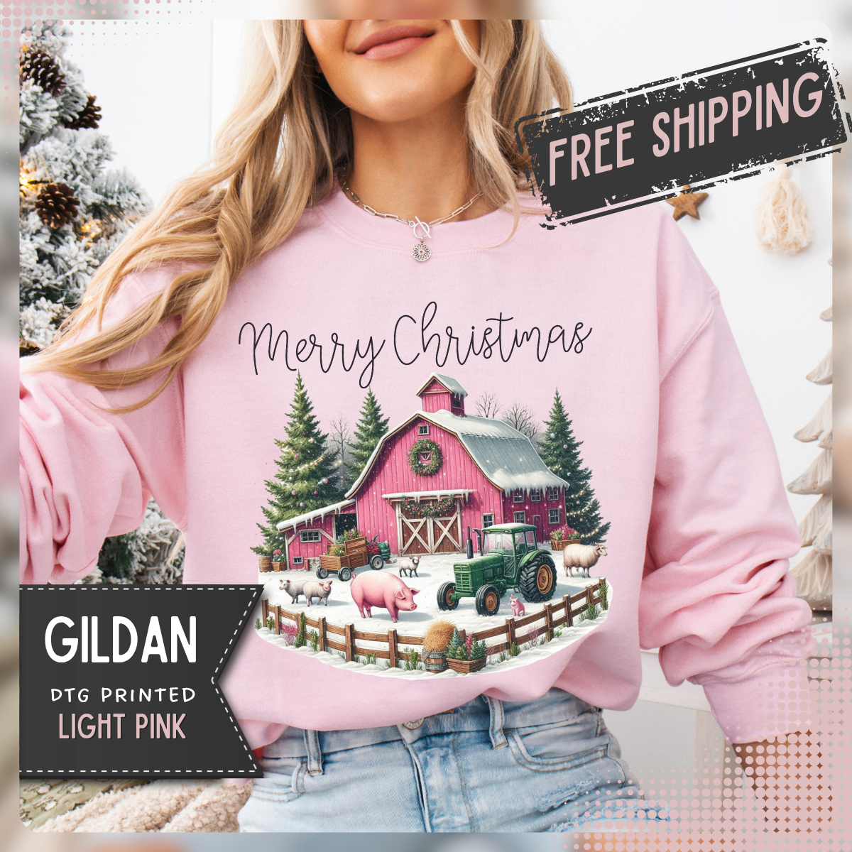 Merry Christmas Pink Barn Farm Animals – Gildan Heavy Blend | Trendy Women’s Soft Sweatshirt. Direct to Garment. Printed & Shipped in the USA. Unisex Sizes.