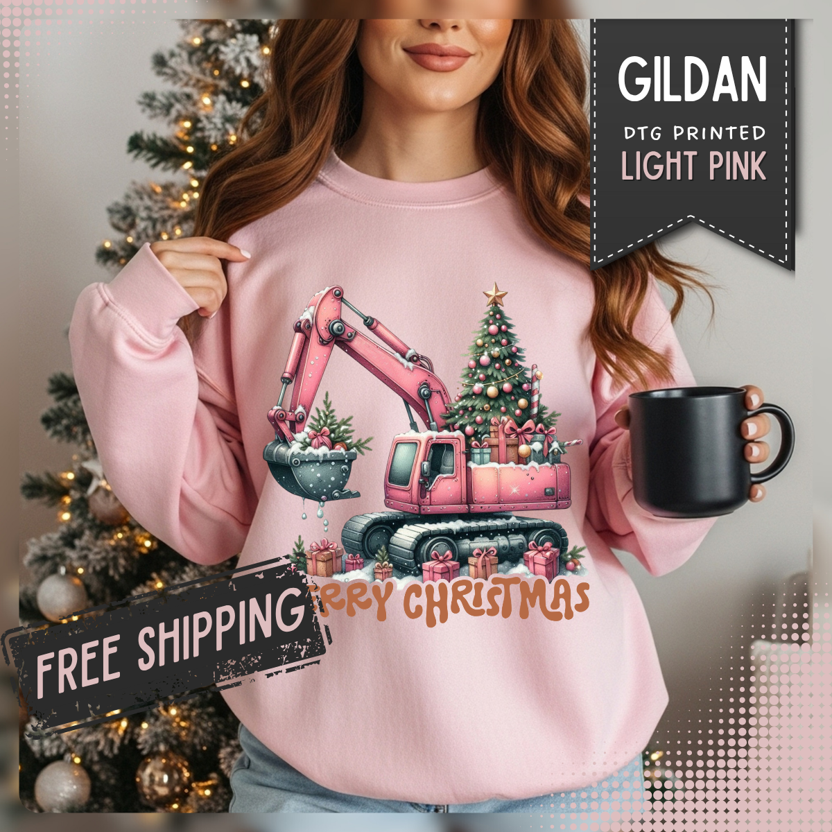 Excavator Merry Christmas Construction – Gildan Heavy Blend | Trendy Women’s Soft Sweatshirt. Direct to Garment. Printed & Shipped in the USA. Unisex Sizes.