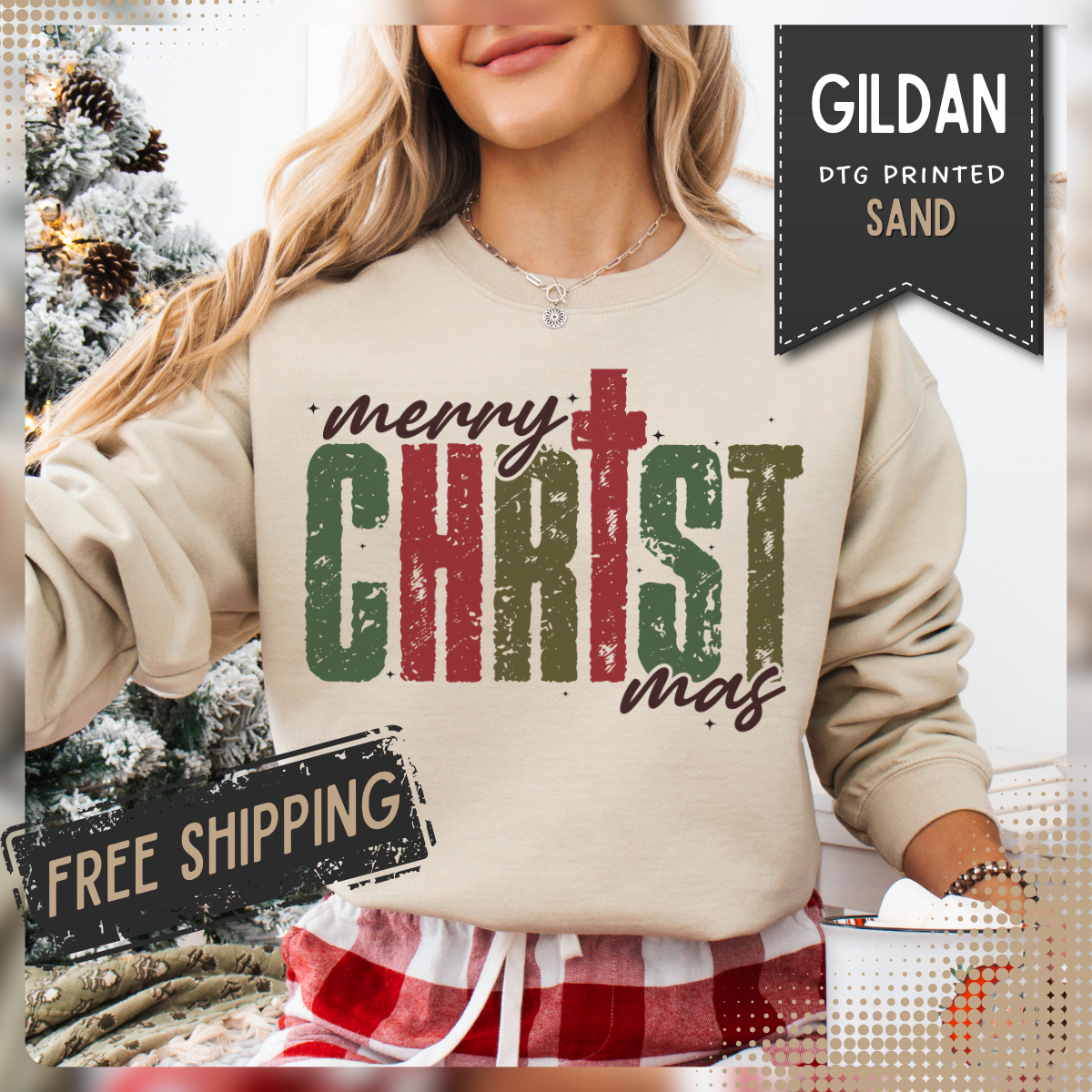Distressed Merry ChrisTmas Faith Christian – Gildan Heavy Blend | Trendy Women’s Soft Sweatshirt. Direct to Garment. Printed & Shipped in the USA. Unisex Sizes.