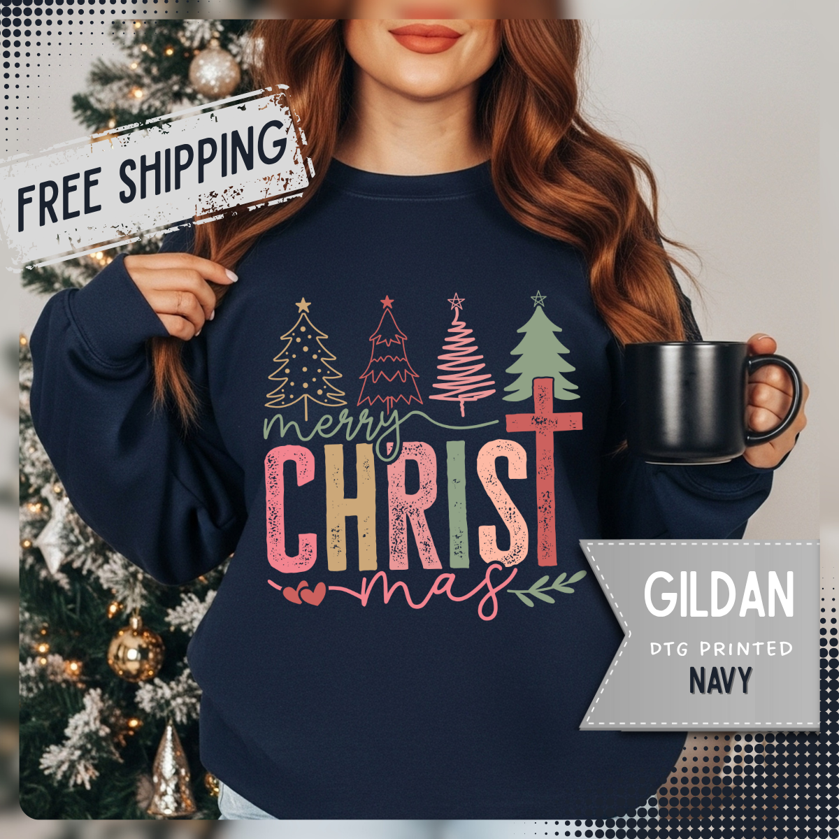 Merry ChrisTmas Christian Faith Graphic – Gildan Heavy Blend | Trendy Women’s Soft Sweatshirt. Direct to Garment. Printed & Shipped in the USA. Unisex Sizes.