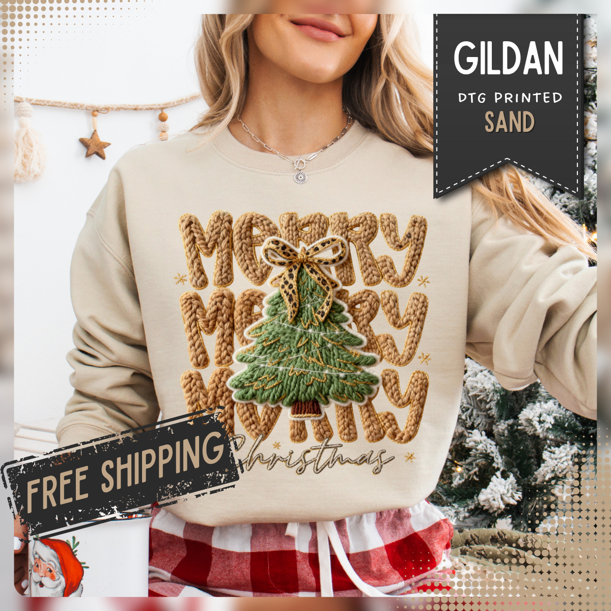 Merry Merry Merry Christmas, Faux Latch Hook Yarn – Gildan Heavy Blend | Trendy Women’s Soft Sweatshirt. Direct to Garment. Printed & Shipped in the USA. Unisex Sizes.