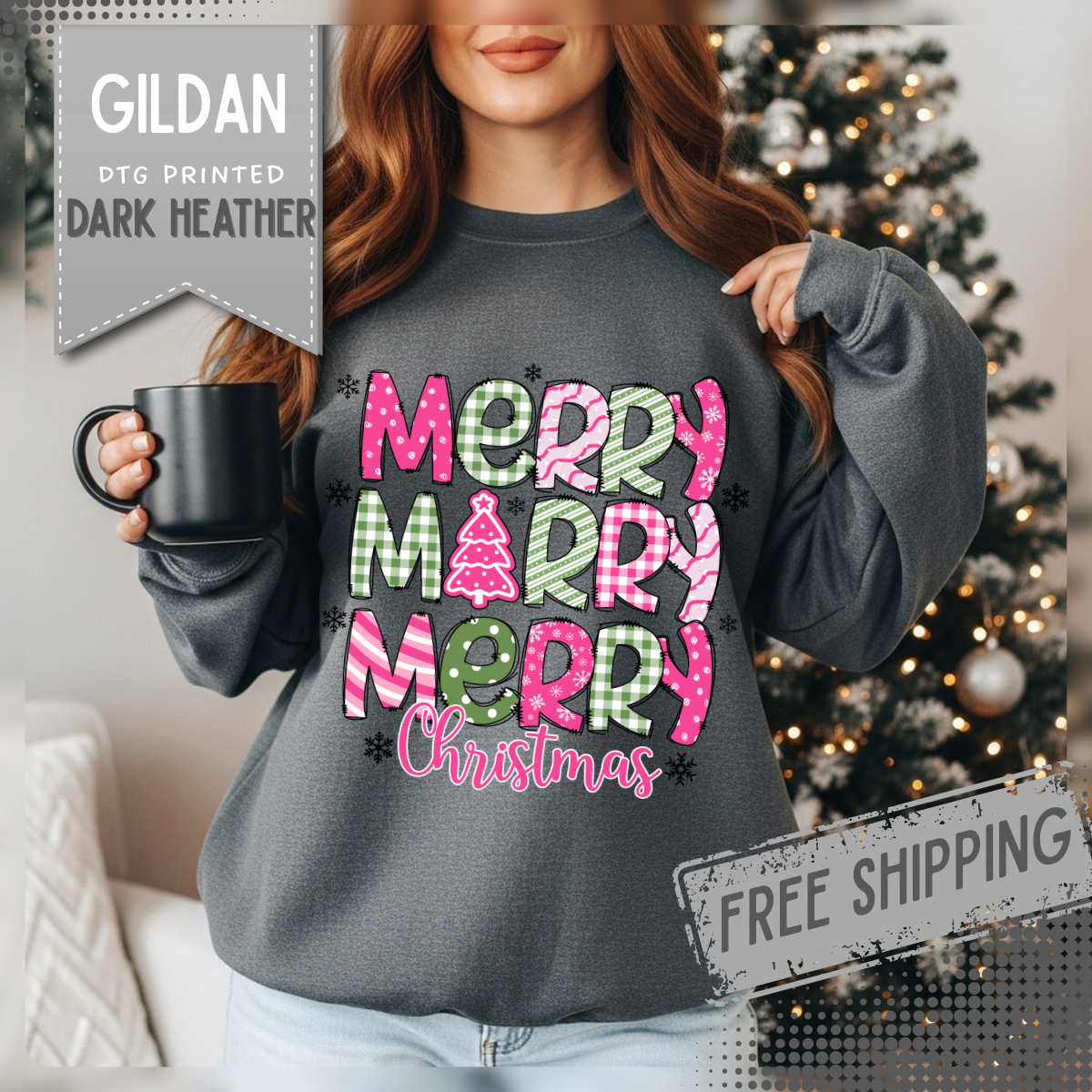 Merry Merry Merry Christmas Festive Candy Cane - Pink and Green – Gildan Heavy Blend | Trendy Women’s Soft Sweatshirt. Direct to Garment. Printed & Shipped in the USA. Unisex Sizes.