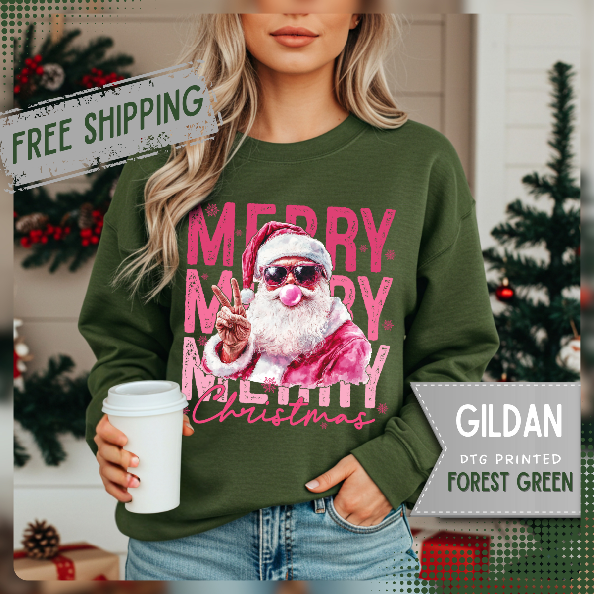Pink Merry Christmas Bubblegum Santa – Gildan Heavy Blend | Trendy Women’s Soft Sweatshirt. Direct to Garment. Printed & Shipped in the USA. Unisex Sizes.