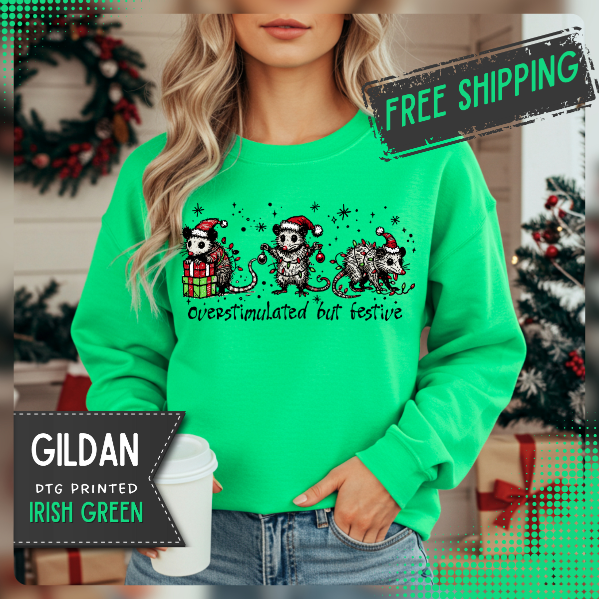 Overstimulated But Festive Christmas Possums – Gildan Heavy Blend | Trendy Women’s and Men's Soft Sweatshirt. Direct to Garment. Printed & Shipped in the USA. Unisex Sizes.