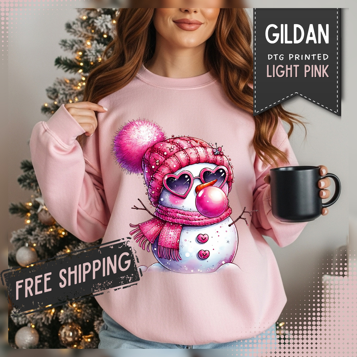 Pink Girly Snowman with Heart Sunglasses and Bubblegum - Winter – Gildan Heavy Blend | Trendy Women’s Soft Sweatshirt. Direct to Garment. Printed & Shipped in the USA. Unisex Sizes.