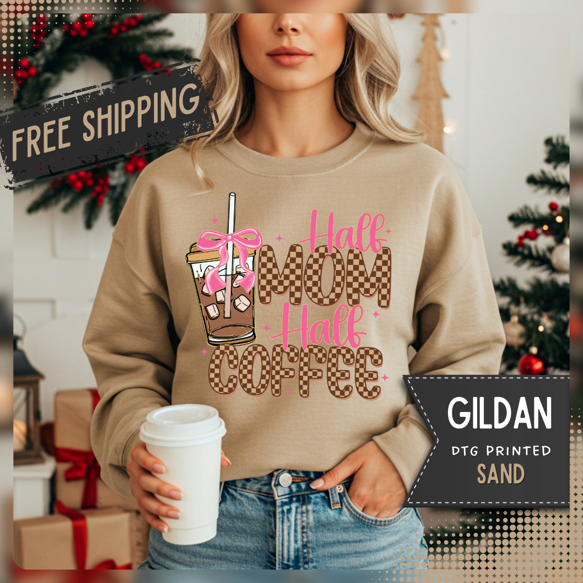 Half Mom Half Coffee, Cute Leopard Print Coffee Design – Gildan Heavy Blend | Trendy Women’s Soft Sweatshirt. Direct to Garment. Printed & Shipped in the USA. Unisex Sizes.