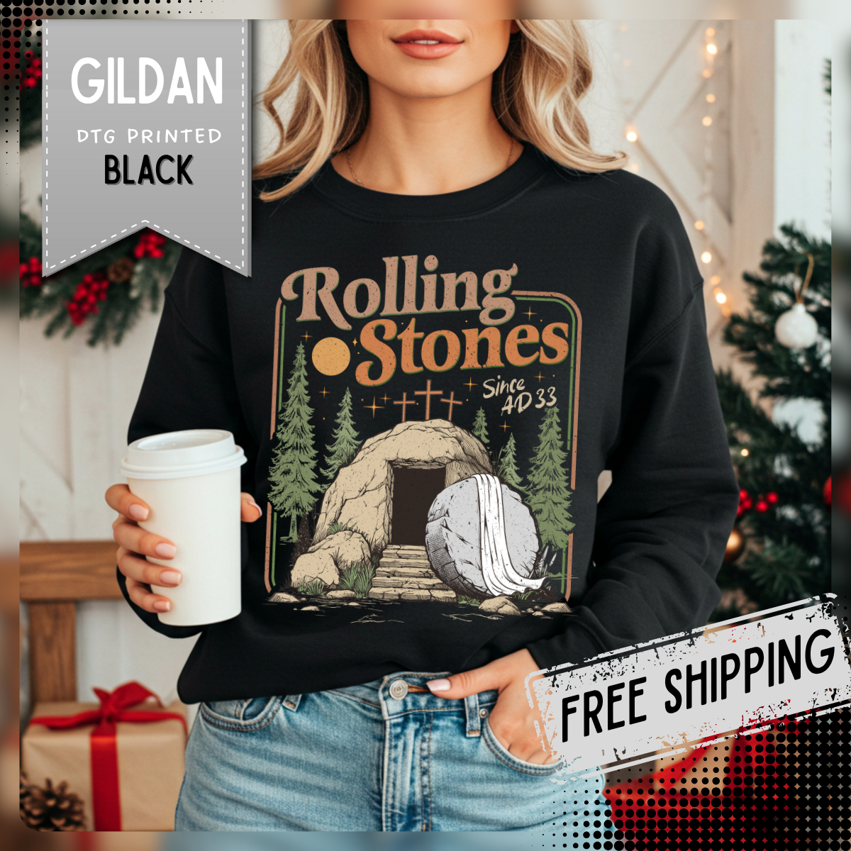 Rolling Stones "Since AD33" Easter Empty Tomb Christian – Gildan Heavy Blend | Trendy Men's and Women’s Soft Sweatshirt. Direct to Garment. Printed & Shipped in the USA. Unisex Sizes.