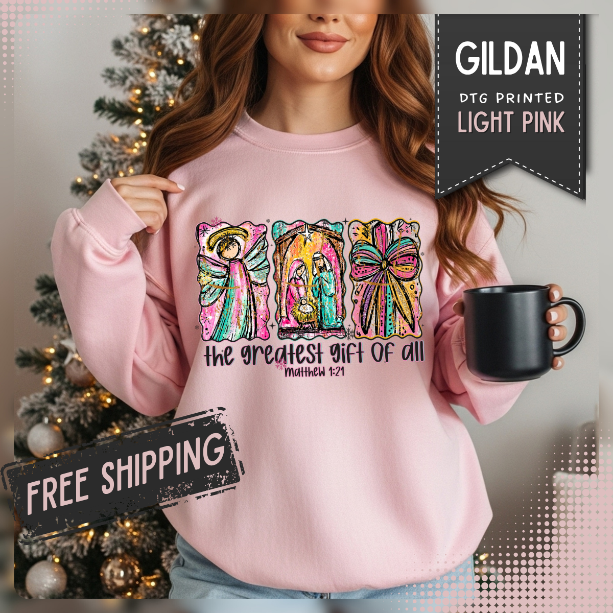 The Greatest Gift of All, Christian Tee - Preppy Watercolor – Gildan Heavy Blend | Trendy Women’s Soft Sweatshirt. Direct to Garment. Printed & Shipped in the USA. Unisex Sizes.