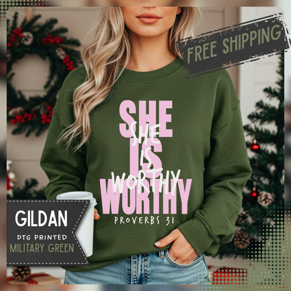 She Is Worthy – Gildan Heavy Blend | Trendy Women’s Soft Sweatshirt. Direct to Garment. Printed & Shipped in the USA. Unisex Sizes.