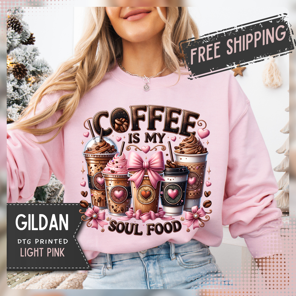 Coffee Is My Soul Food, Iced Coffee, Pink Bow – Gildan Heavy Blend | Trendy Women’s Soft Sweatshirt. Direct to Garment. Printed & Shipped in the USA. Unisex Sizes.