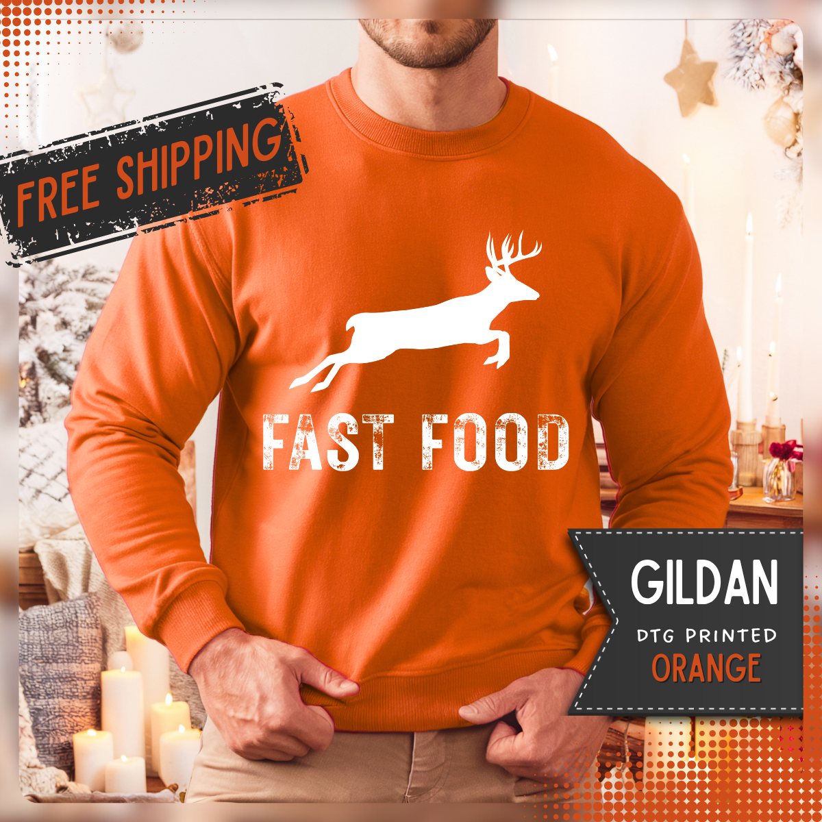 Fast Food Deer Hunting Humor Distressed – Gildan Heavy Blend | Trendy Men's and Women’s Soft Sweatshirt. Direct to Garment. Printed & Shipped in the USA. Unisex Sizes.