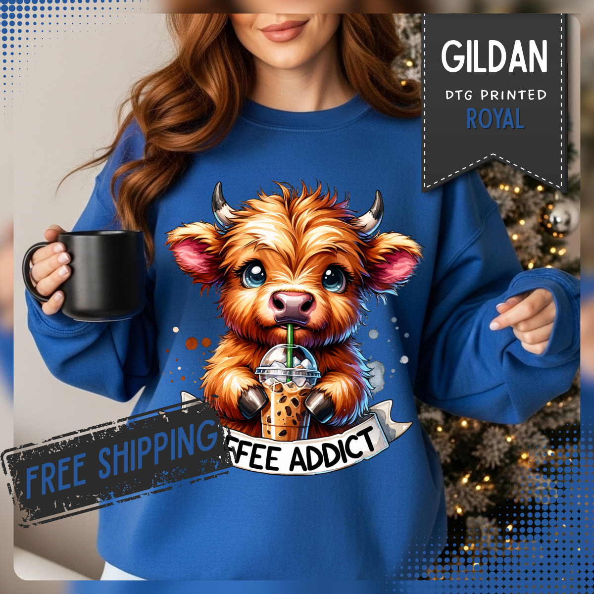 Coffee Addict Highland Cow Drinking Iced Coffee – Gildan Heavy Blend | Trendy Women’s Soft Sweatshirt. Direct to Garment. Printed & Shipped in the USA. Unisex Sizes.