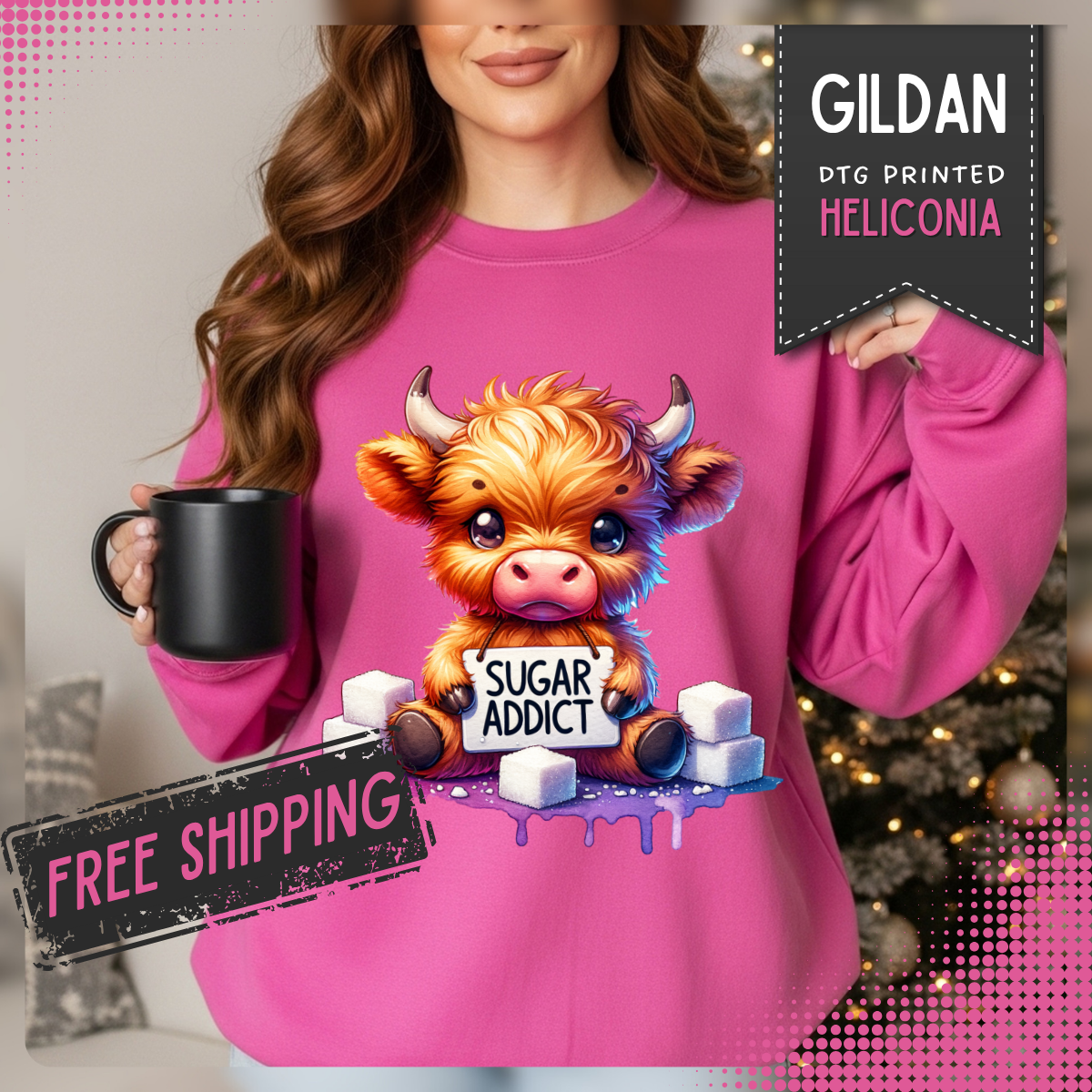Sugar Addict Highland Cow – Gildan Heavy Blend | Trendy Women’s Soft Sweatshirt. Direct to Garment. Printed & Shipped in the USA. Unisex Sizes.