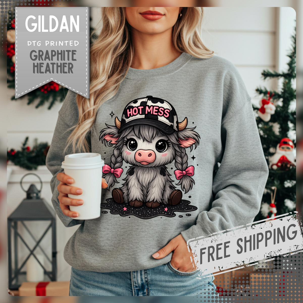 Cute Highland Cow 'Hot Mess' In Braids – Gildan Heavy Blend | Trendy Women’s Soft Sweatshirt. Direct to Garment. Printed & Shipped in the USA. Unisex Sizes.
