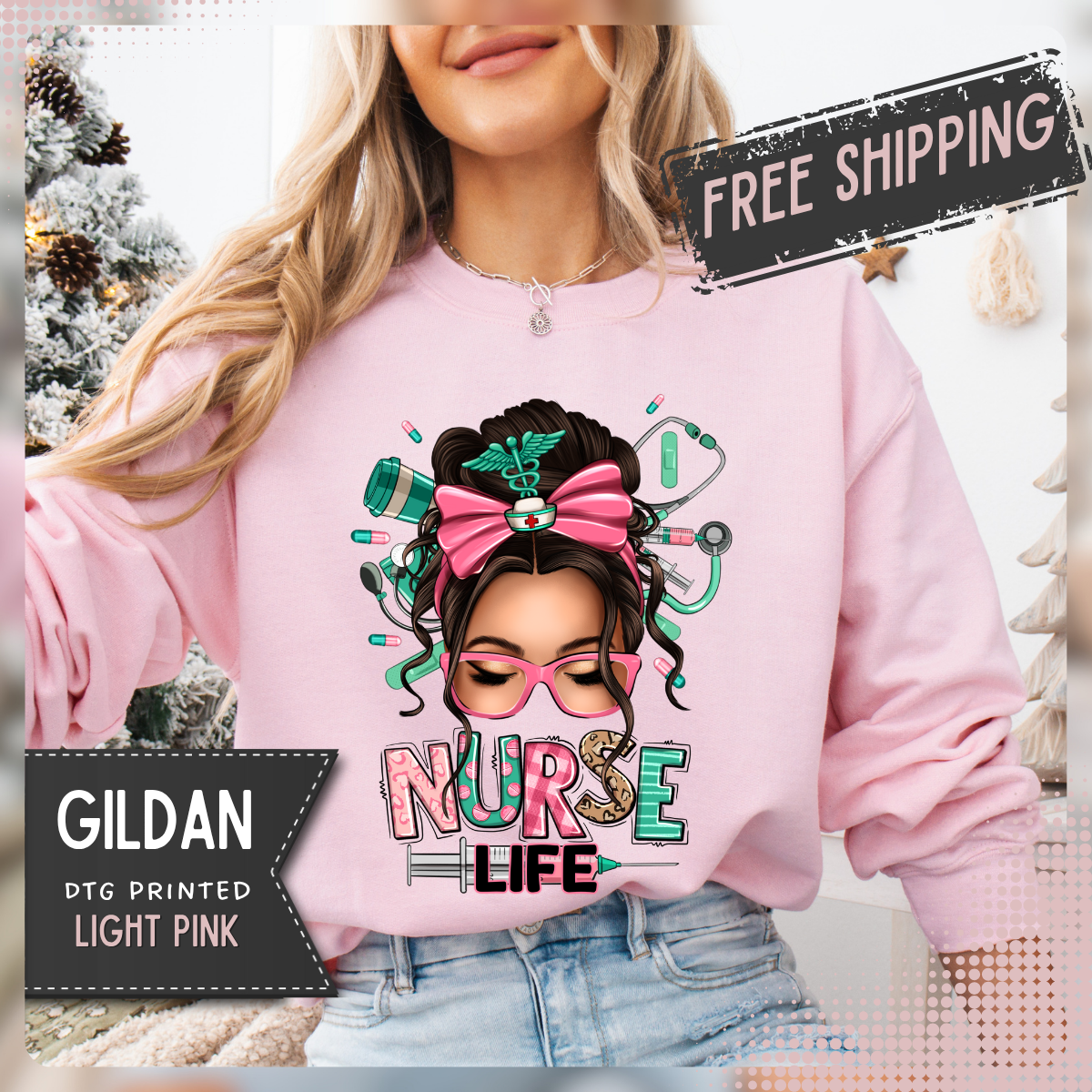 Nurse Life Messy Bun, Cute Stethescope & Syringe – Gildan Heavy Blend | Trendy Women’s Soft Sweatshirt. Direct to Garment. Printed & Shipped in the USA. Unisex Sizes.
