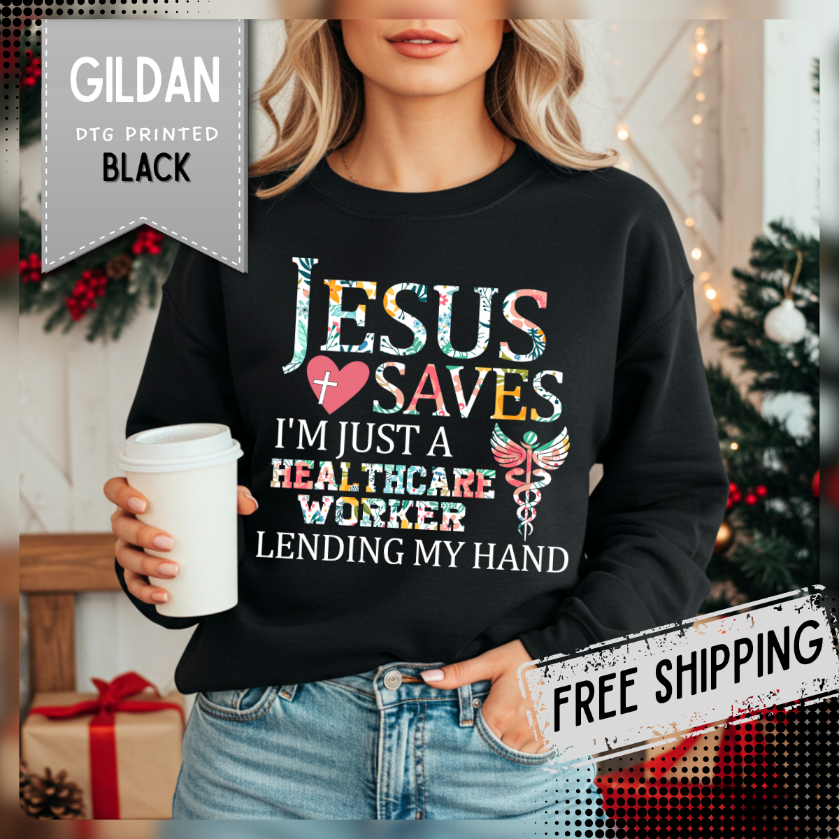 Jesus Saves - Healthcare Worker Lending My Hand – Gildan Heavy Blend | Trendy Women’s Soft Sweatshirt. Direct to Garment. Printed & Shipped in the USA. Unisex Sizes.