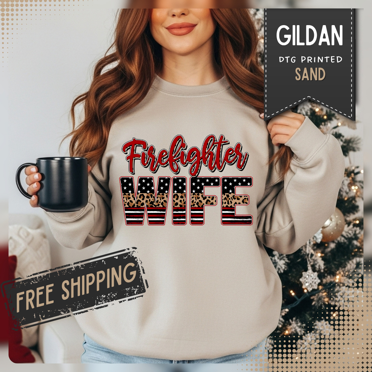 Firefighter Wife Patriotic Flag Lettering for Firefighter Spouse – Gildan Heavy Blend | Trendy Women’s Soft Sweatshirt. Direct to Garment. Printed & Shipped in the USA. Unisex Sizes.