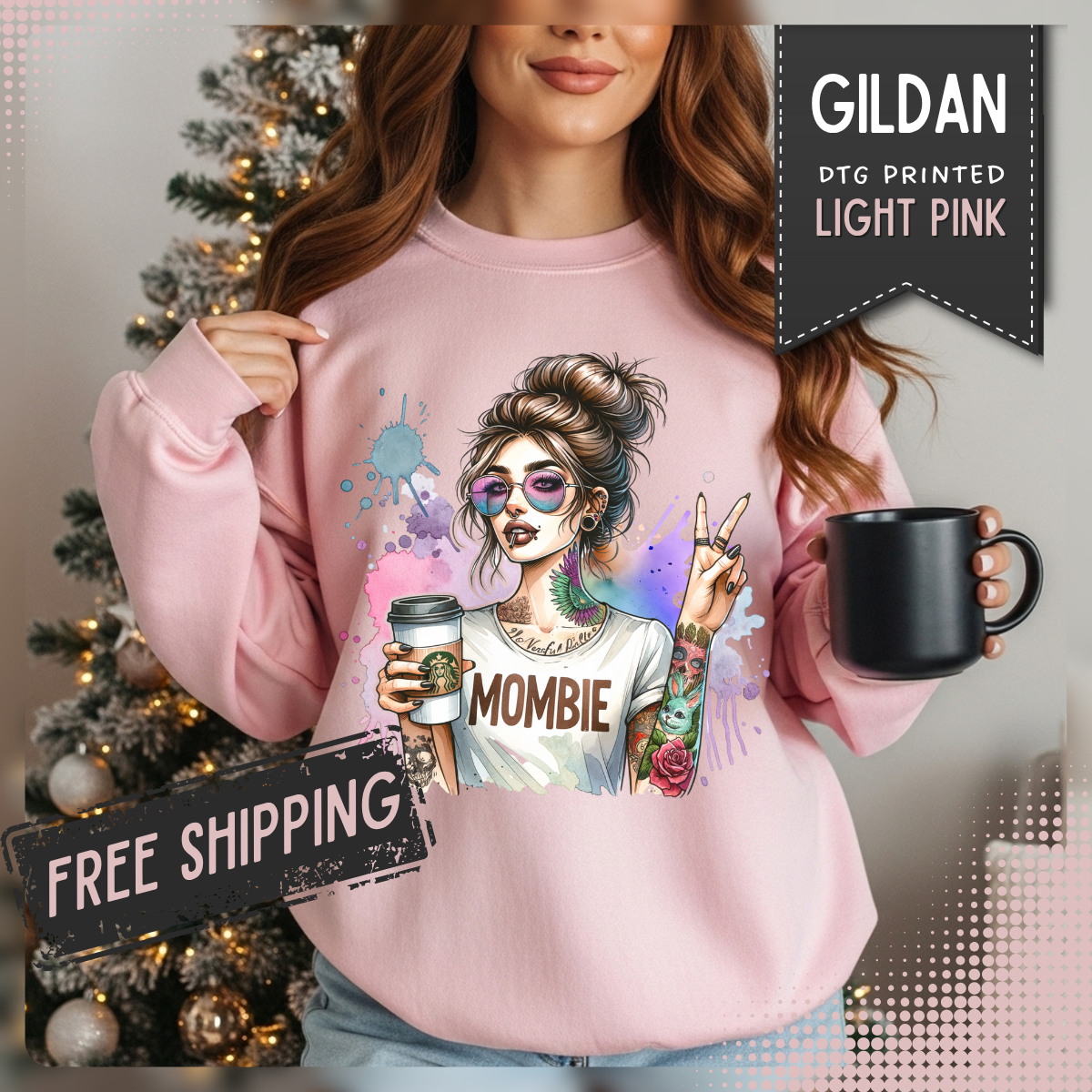 Cool Mombie with Coffee Peace Tattoo - Tired Mom – Gildan Heavy Blend | Trendy Women’s Soft Sweatshirt. Direct to Garment. Printed & Shipped in the USA. Unisex Sizes.