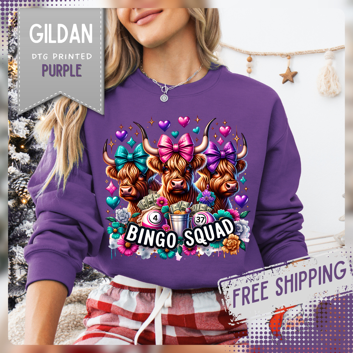 Cute Highland Cows Bingo Squad – Gildan Heavy Blend | Trendy Women’s Soft Sweatshirt. Direct to Garment. Printed & Shipped in the USA. Unisex Sizes.