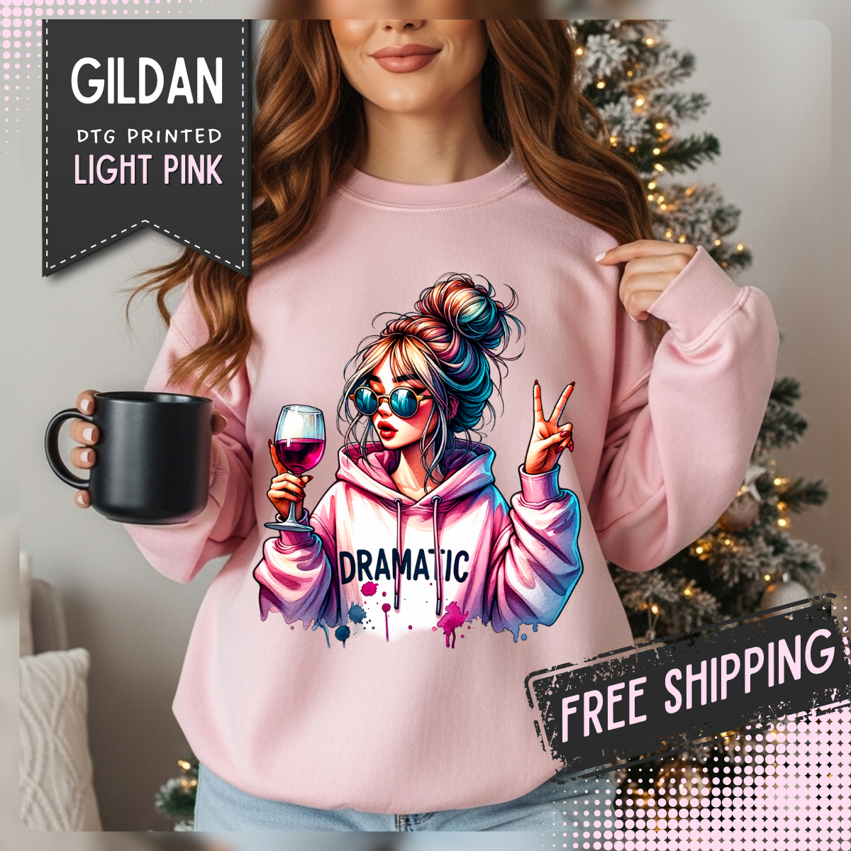 Dramatic Girl With Wine Messy Bun Peace Sign – Gildan Heavy Blend | Trendy Women’s Soft Sweatshirt. Direct to Garment. Printed & Shipped in the USA. Unisex Sizes.