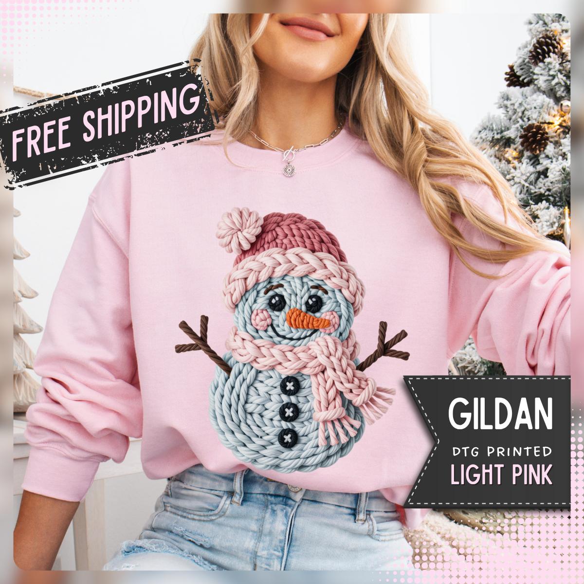Cute Yarn Snowman - Pink Scarf Faux Yarn – Gildan Heavy Blend | Trendy Women’s Soft Sweatshirt. Direct to Garment. Printed & Shipped in the USA. Unisex Sizes.