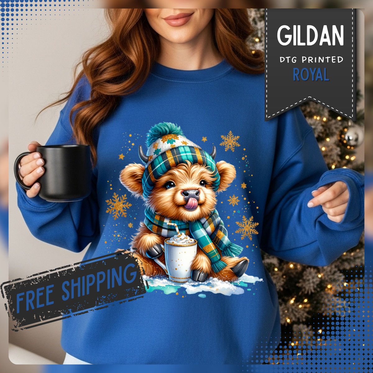 Winter Baby Highland Cow with Cocoa – Gildan Heavy Blend | Trendy Women’s Soft Sweatshirt. Direct to Garment. Printed & Shipped in the USA. Unisex Sizes.