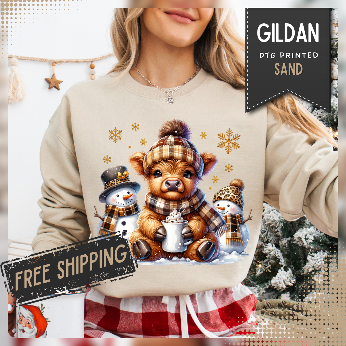 Cute Highland Cow with Snowmen, Winter – Gildan Heavy Blend | Trendy Women’s Soft Sweatshirt. Direct to Garment. Printed & Shipped in the USA. Unisex Sizes.