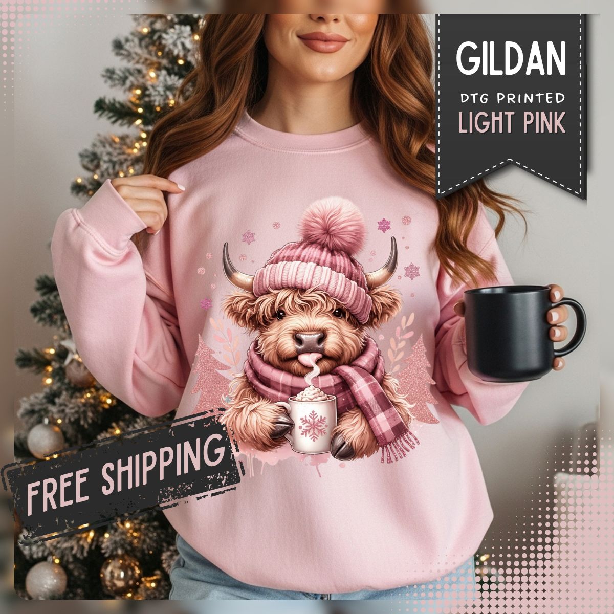 Cozy Highland Cow, Winter Coffee Mug & Scarf Pink – Gildan Heavy Blend | Trendy Women’s Soft Sweatshirt. Direct to Garment. Printed & Shipped in the USA. Unisex Sizes.