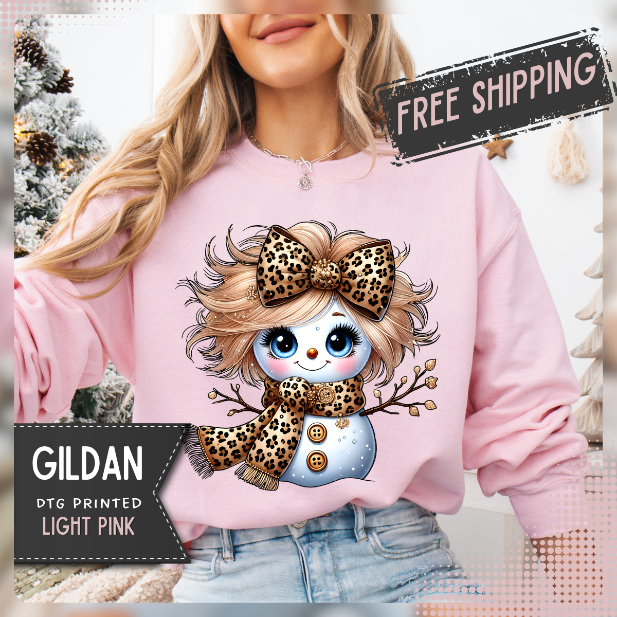 Snowgirl Cute Leopard Bow Snowman, Winter Cozy – Gildan Heavy Blend | Trendy Women’s Soft Sweatshirt. Direct to Garment. Printed & Shipped in the USA. Unisex Sizes.