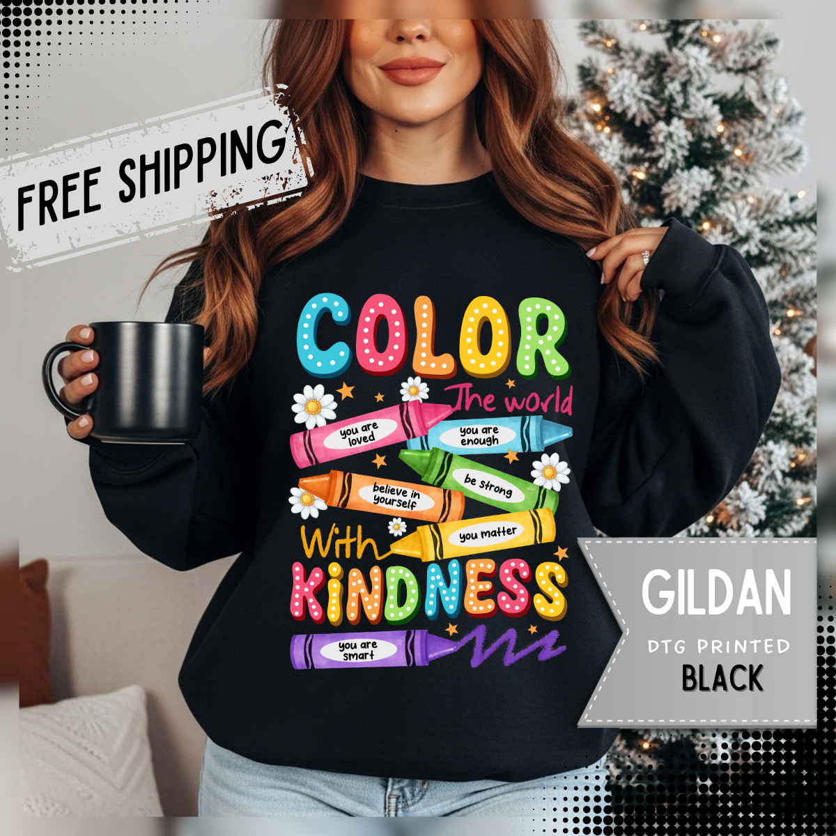 Color the World With Kindness Crayons, Great Teacher Gift – Gildan Heavy Blend | Trendy Women’s and Men's Soft Sweatshirt. Direct to Garment. Printed & Shipped in the USA. Unisex Sizes.