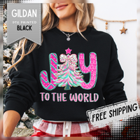Joy to the World w/Christmas Tree Pink and Teal – Gildan Heavy Blend | Trendy Women’s Soft Sweatshirt. Direct to Garment. Printed & Shipped in the USA. Unisex Sizes.