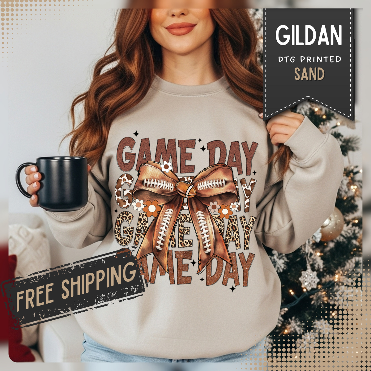 Game Day - Football Bow – Gildan Heavy Blend | Trendy Women’s Soft Sweatshirt. Direct to Garment. Printed & Shipped in the USA. Unisex Sizes.