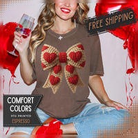 Faux Crochet Valentine Bow - Comfort Colors | Trendy Women's T-Shirt. Direct to Garment. Printed & Shipped in the USA. Unisex Sizes.