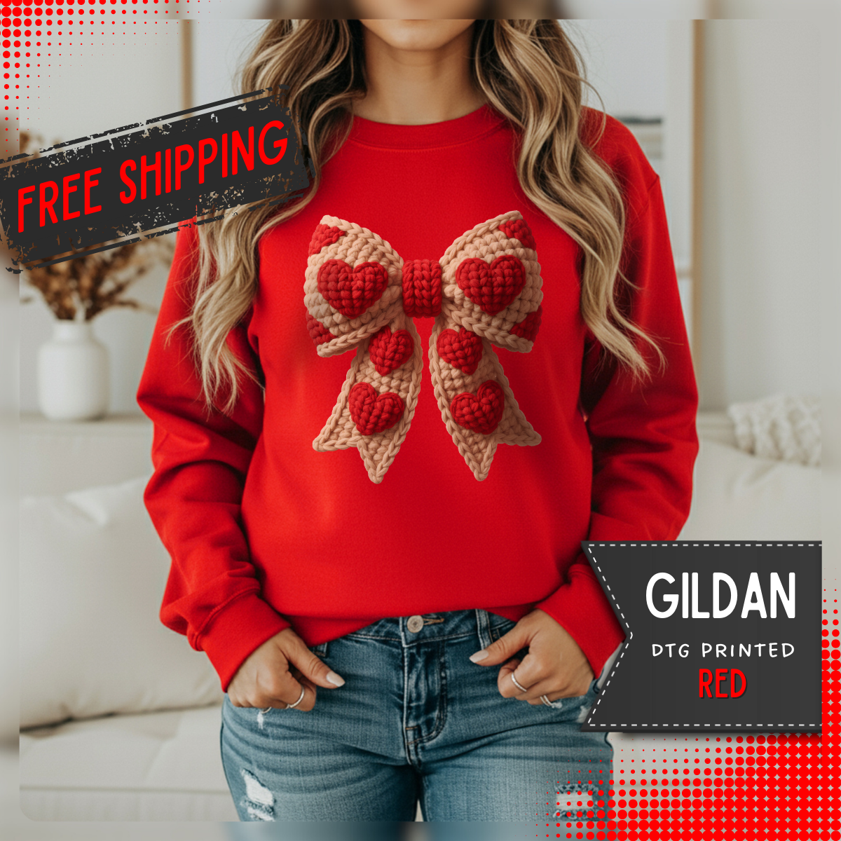 Faux Crochet Valentine Bow – Gildan Heavy Blend | Trendy Women’s Soft Sweatshirt. Direct to Garment. Printed & Shipped in the USA. Unisex Sizes.