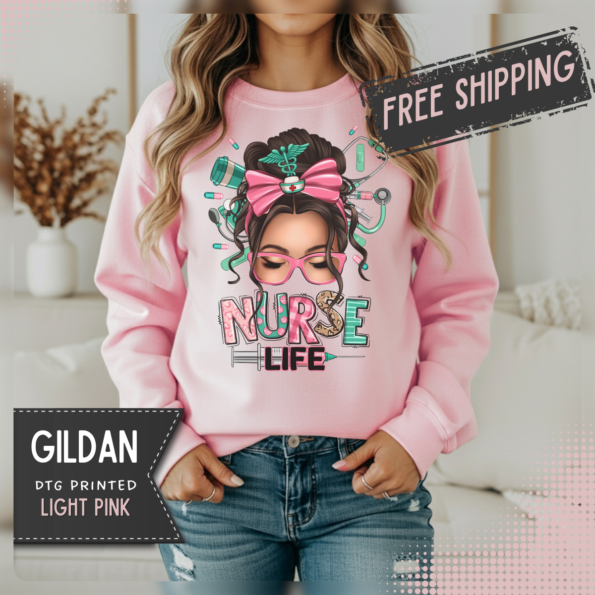 Nurse Life Messy Bun, Cute Stethoscope & Syringe – Gildan Heavy Blend | Trendy Women’s Soft Sweatshirt. Direct to Garment. Printed & Shipped in the USA. Unisex Sizes.
