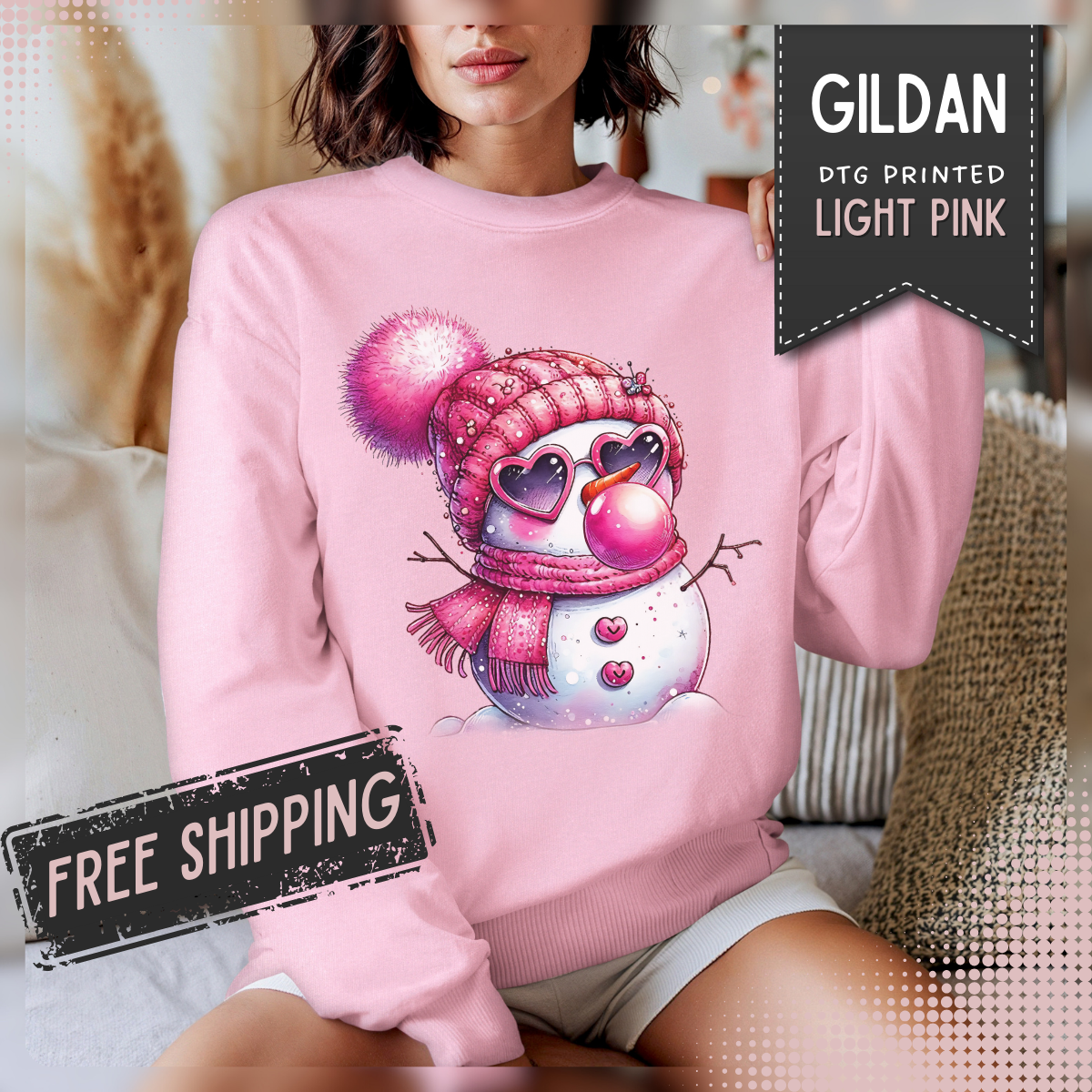 Pink Girly Snowman with Heart Sunglasses and Bubblegum Winter – Gildan Heavy Blend | Trendy Women’s Soft Sweatshirt. Direct to Garment. Printed & Shipped in the USA. Unisex Sizes.