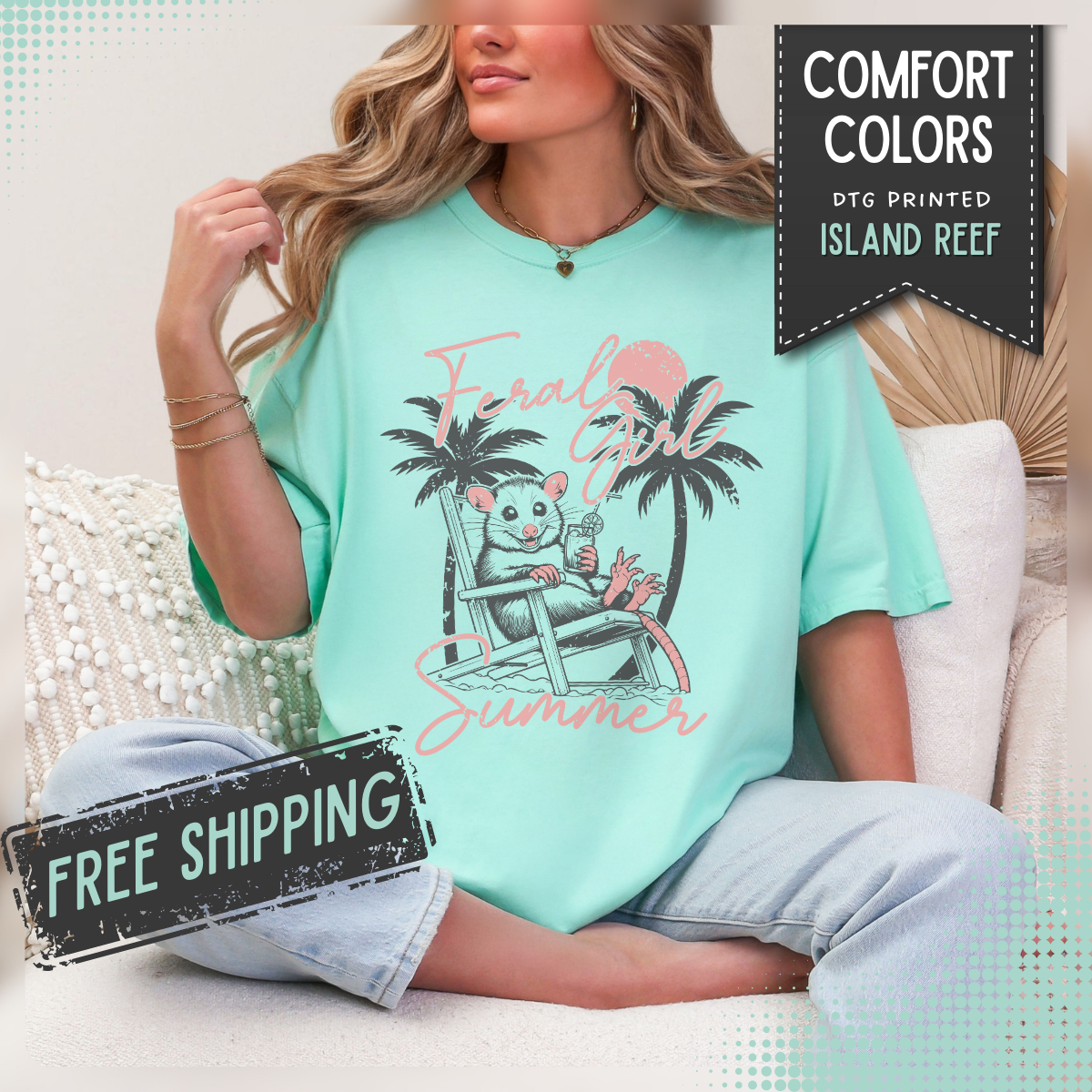 Feral Girl Summer, Possum on a Beach - Comfort Colors | Trendy Women's T-Shirt. Direct to Garment. Printed & Shipped in the USA. Unisex Sizes.
