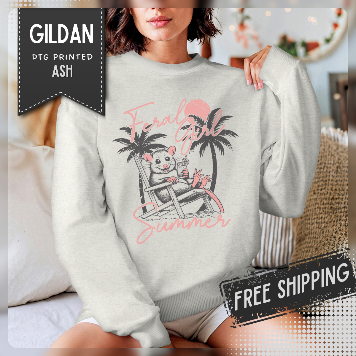 Feral Girl Summer, Possum on a Beach – Gildan Heavy Blend | Trendy Women’s Soft Sweatshirt. Direct to Garment. Printed & Shipped in the USA. Unisex Sizes.