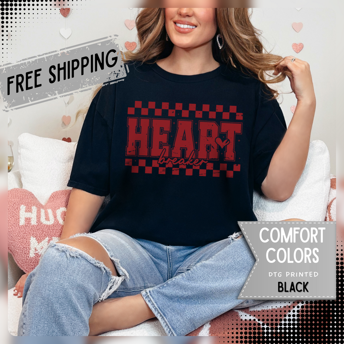 Heart Breaker, Red Checkered Distressed - Comfort Colors | Trendy Women's T-Shirt. Direct to Garment. Printed & Shipped in the USA. Unisex Sizes.