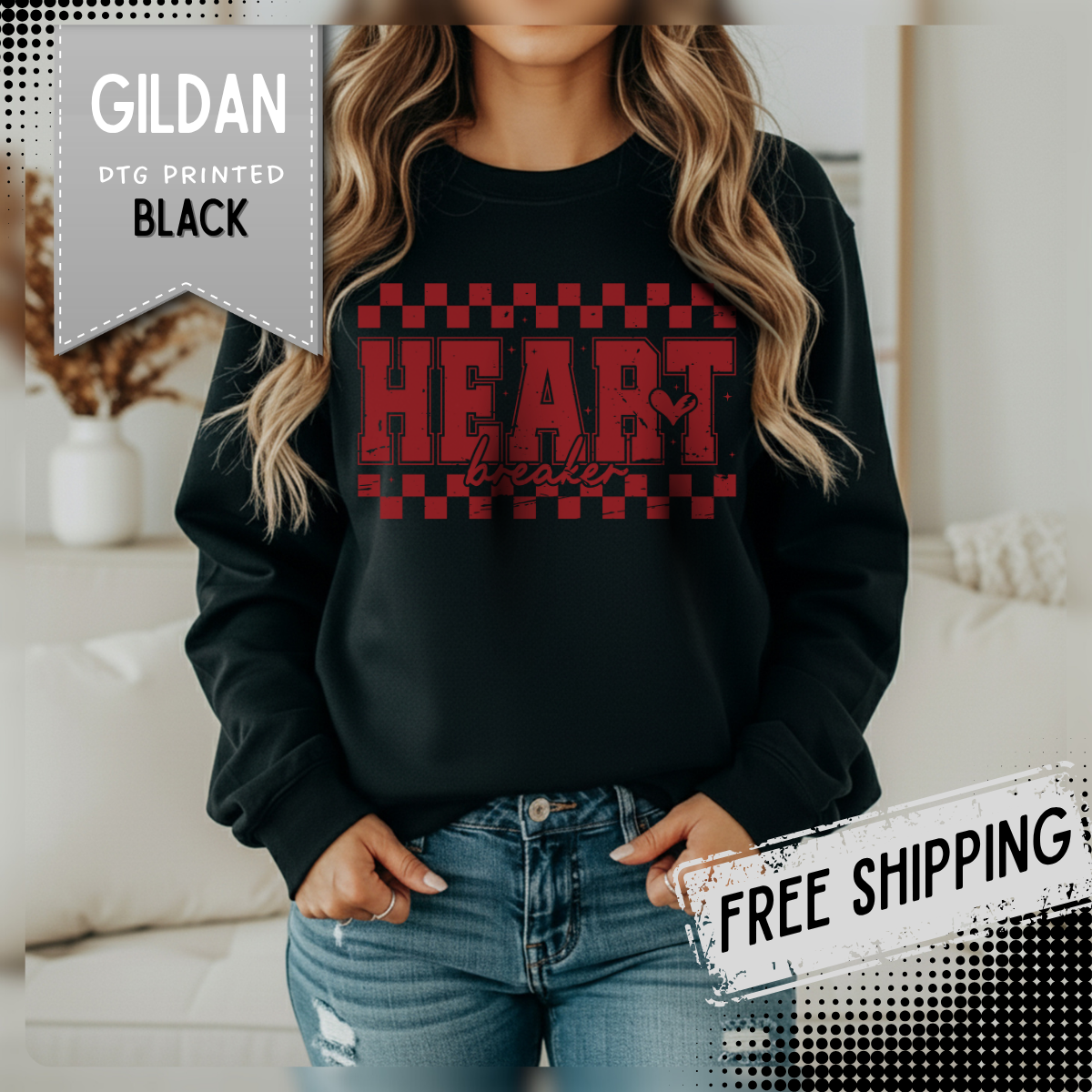 Heart Breaker, Red Checkered Distressed – Gildan Heavy Blend | Trendy Women’s Soft Sweatshirt. Direct to Garment. Printed & Shipped in the USA. Unisex Sizes.