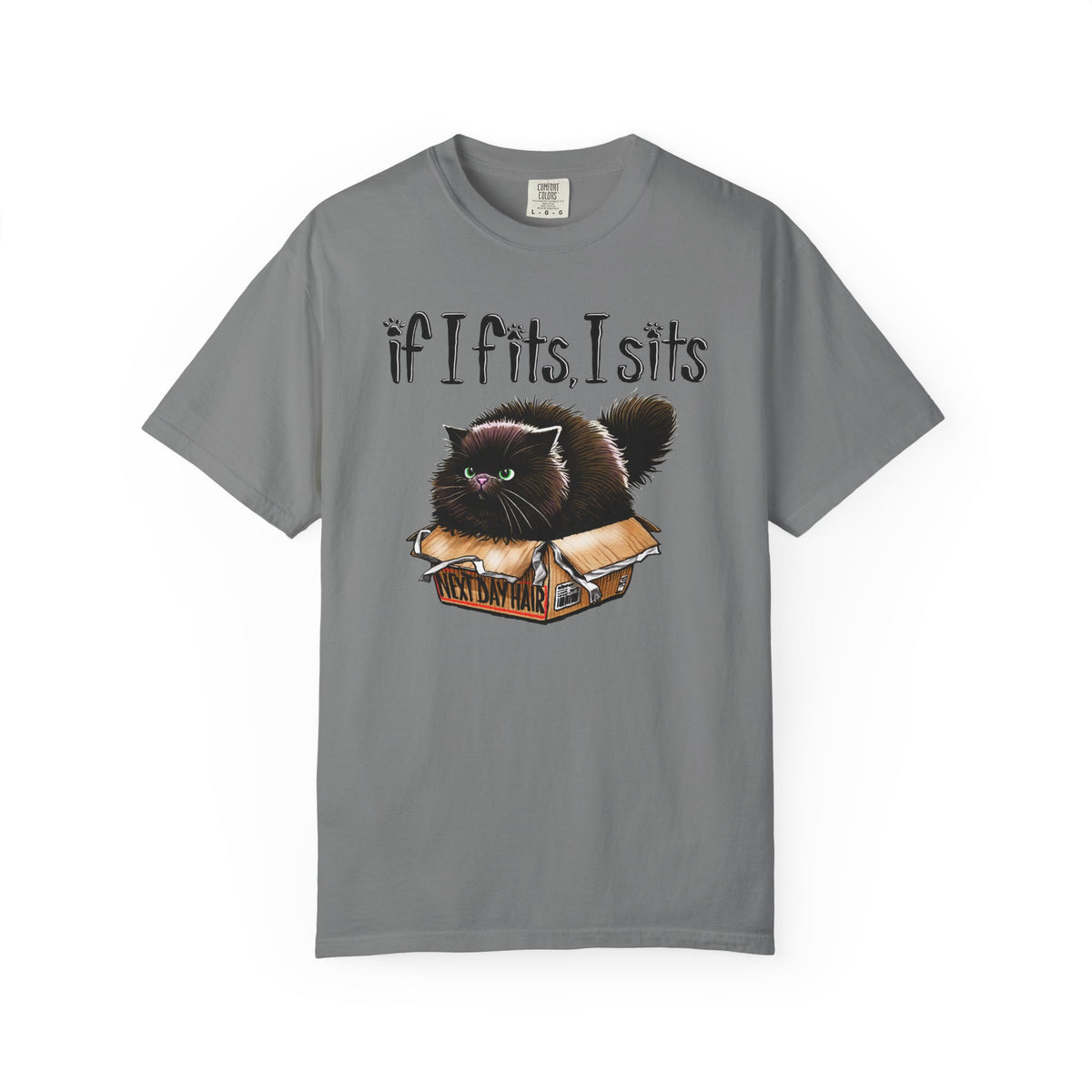 If I Fits I Sits, Cat in a Box - Comfort Colors | Trendy Women's and Men's T-Shirt. Direct to Garment. Printed & Shipped in the USA. Unisex Sizes.