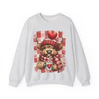 Highland Cow Be Mine, Red Checkered – Gildan Heavy Blend | Trendy Women’s Soft Sweatshirt. Direct to Garment. Printed & Shipped in the USA. Unisex Sizes.