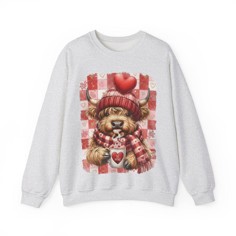 Highland Cow Be Mine, Red Checkered – Gildan Heavy Blend | Trendy Women’s Soft Sweatshirt. Direct to Garment. Printed & Shipped in the USA. Unisex Sizes.