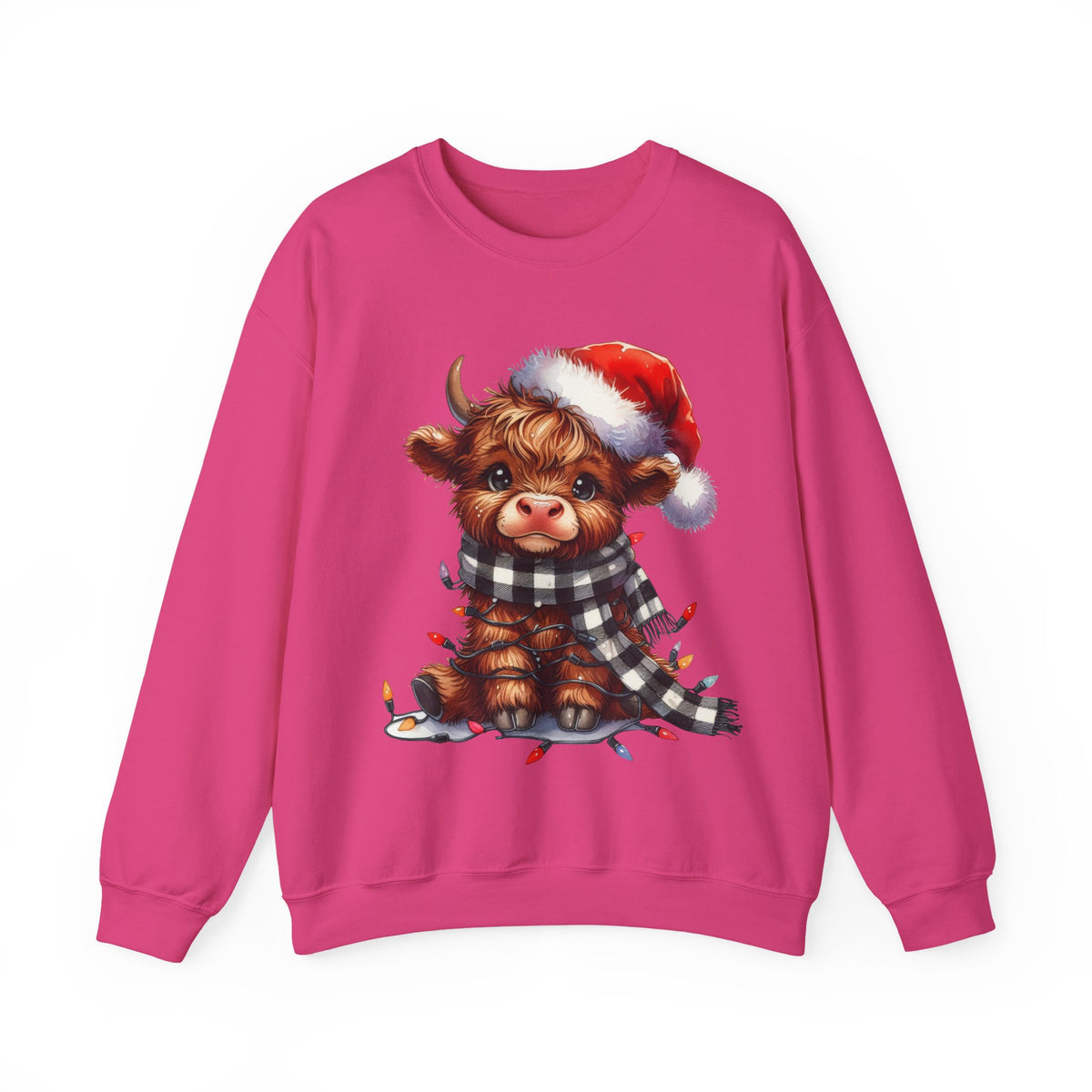 Cute Highland Cow Santa Hat Scarf Christmas Lights – Gildan Heavy Blend | Trendy Women’s Soft Sweatshirt. Direct to Garment. Printed & Shipped in the USA. Unisex Sizes.