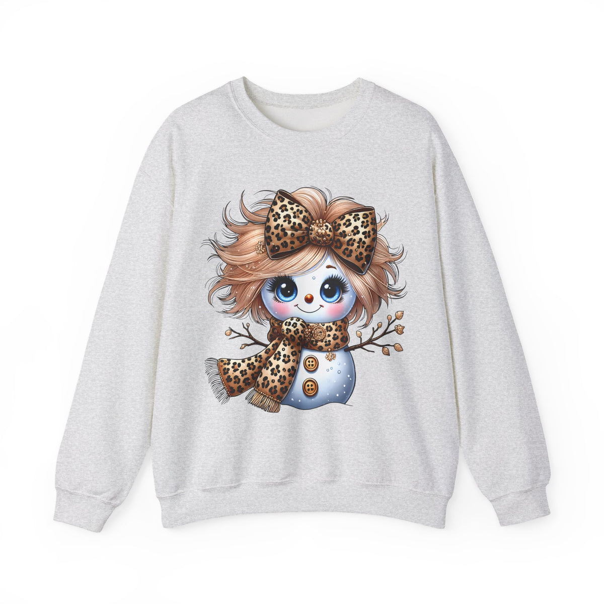 Snowgirl Cute Leopard Bow Snowman, Winter Cozy – Gildan Heavy Blend | Trendy Women’s Soft Sweatshirt. Direct to Garment. Printed & Shipped in the USA. Unisex Sizes.