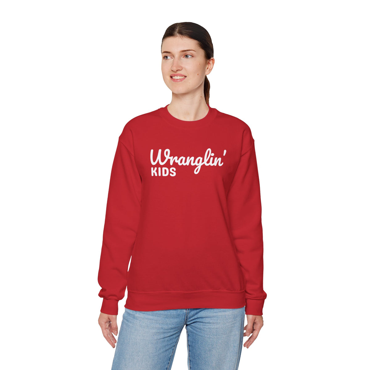 Wranglin' Kids Funny Mom Dad – Gildan Heavy Blend | Trendy Women’s and Men's Soft Sweatshirt. Direct to Garment. Printed & Shipped in the USA. Unisex Sizes.