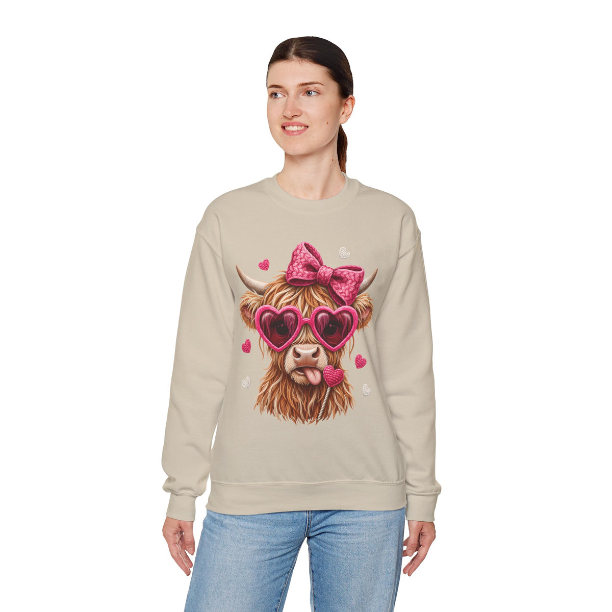 Highland Cow - Pink Heart Shaped Glasses – Gildan Heavy Blend | Trendy Women’s Soft Sweatshirt. Direct to Garment. Printed & Shipped in the USA. Unisex Sizes.