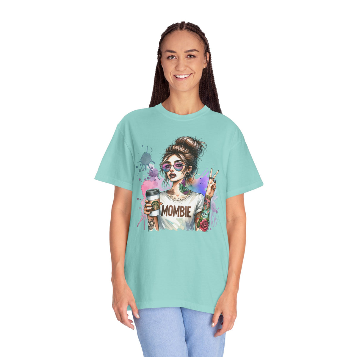 Cool Mombie with Coffee Peace Tattoo - Comfort Colors | Trendy Women's T-Shirt. Direct to Garment. Printed & Shipped in the USA. Unisex Sizes.